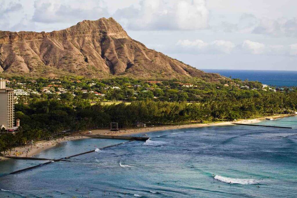 Image of Diamond Head mountain with Waikiki Beach on Oahu.