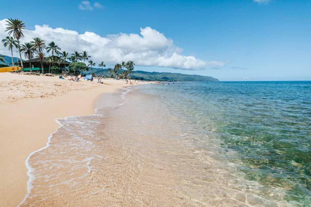 The Best 7 North Shore Oahu Beaches featured by top Hawaii blog, Hawaii Travel with Kids: Haleiwa Beach Park is a popular North Shore Beach. Image of a sandy beach with gentle ocean waves and palm trees in the background.