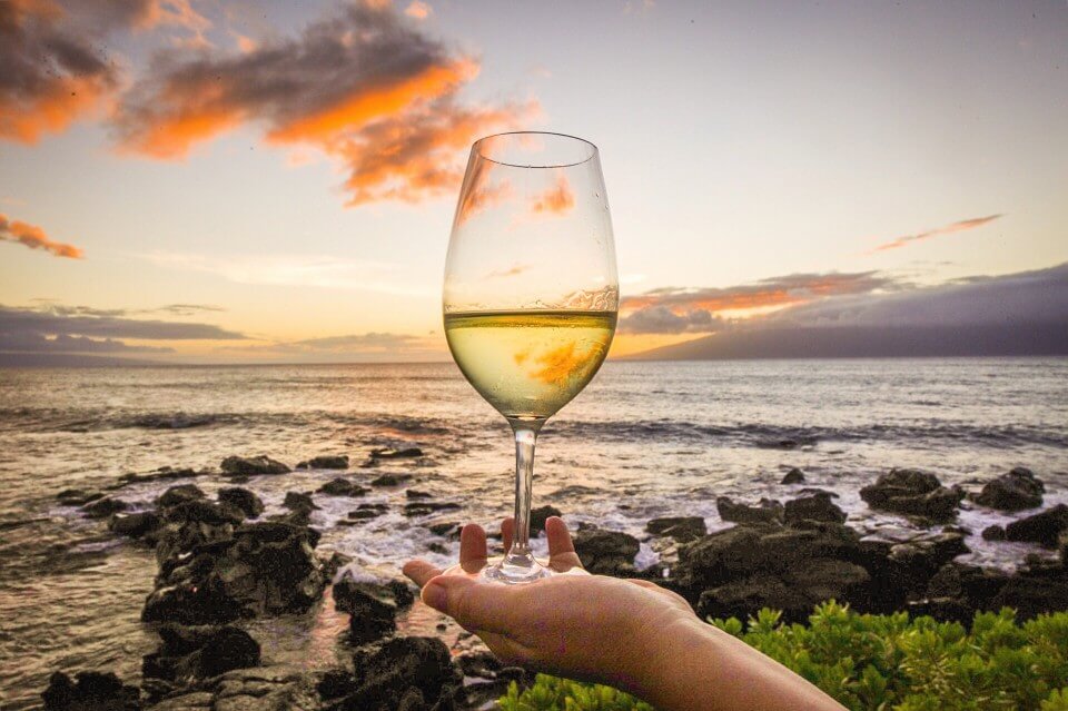 Find out where to get Oahu wine as a Hawaii souvenir. Image of someone holding a glass of wine in front of the ocean.