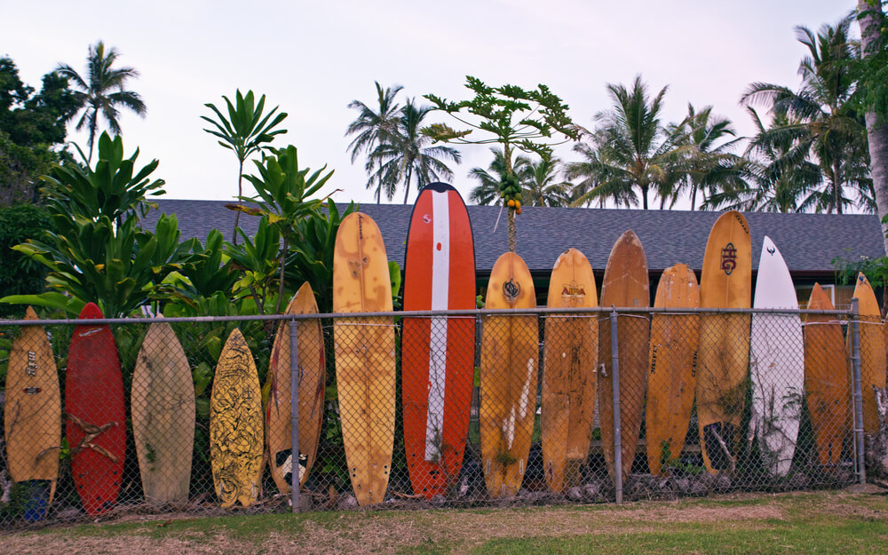 Oahu Surfing On The North Shore, a complete guide featured by top Hawaii blog, Hawaii Travel with Kids: A fence lined with surfboards on the North Shore of Oahu, Hawaii