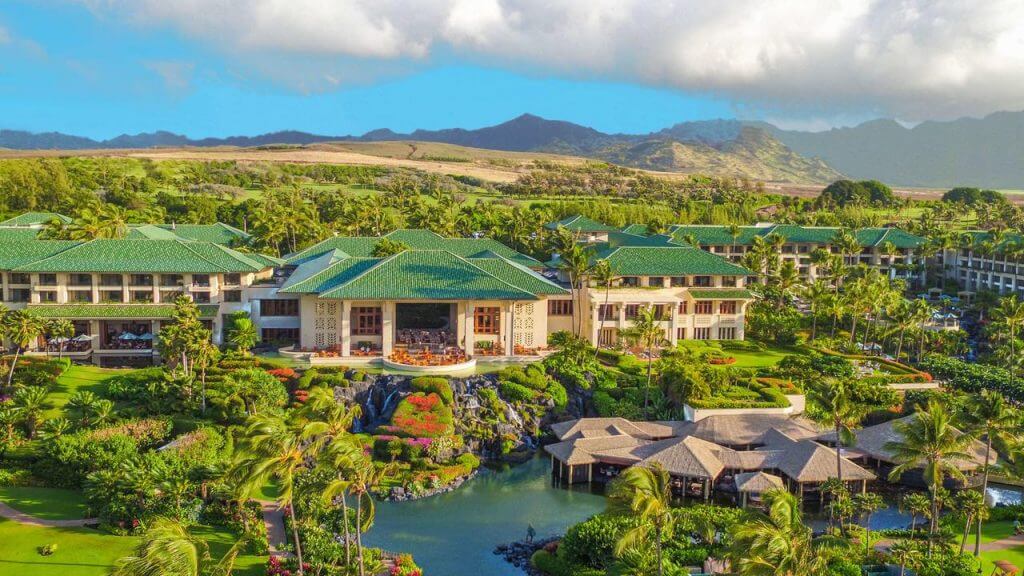 The Grand Hyatt Kauai is one of the best Hawaii resorts for families. Image of the exterior of the Grand Hyatt Kauai.