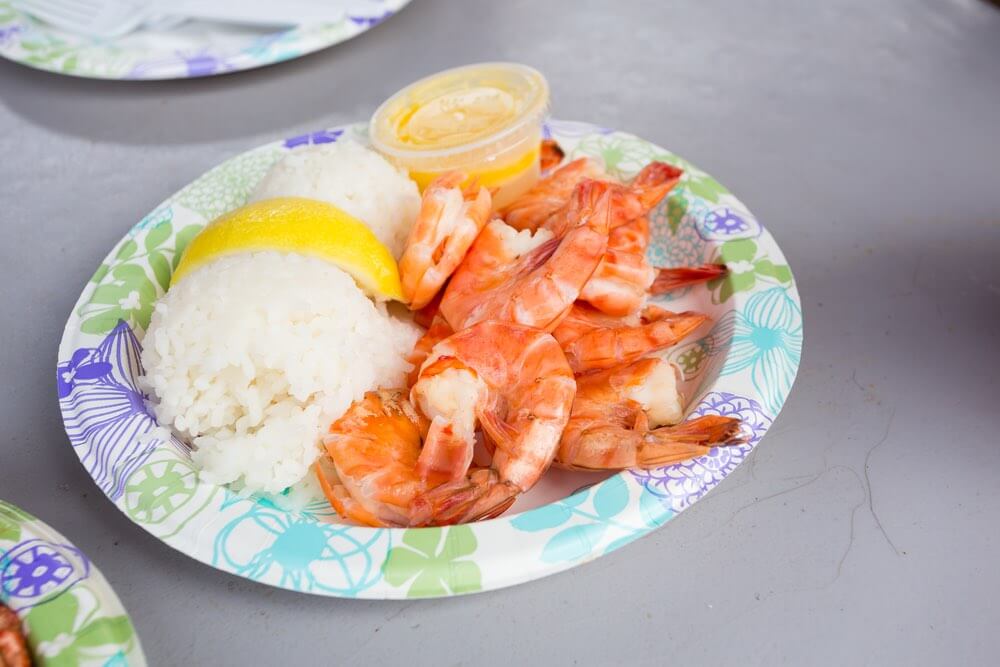 Plate lunch of Hawaiian Kahuku shrimp from a food truck on the island of Oahu Hawaii.