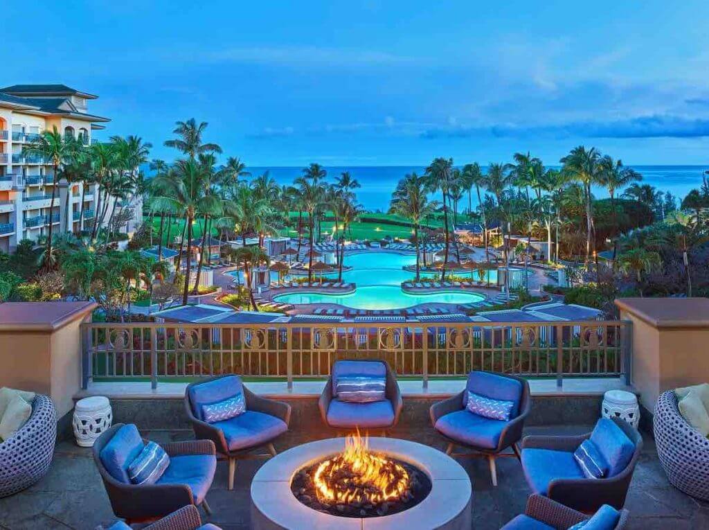 Where do celebrities stay in Hawaii? The Ritz Carlton is a top Maui luxury hotel. Image of the fire pit at the Ritz-Carlton Kapalua Maui resort