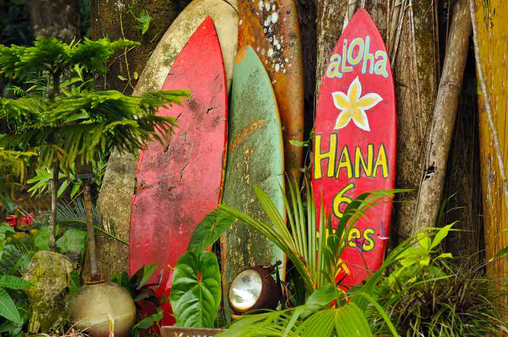 One reason people pick Maui or Honolulu is for the adventures. The Road to Hana is a popular Maui day trip. Image of colorful surfboards leaning against a fence on the Road to Hana.