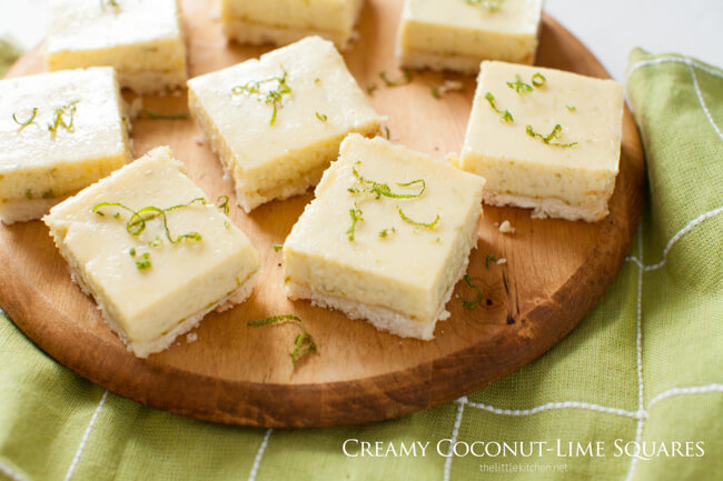 61 Delicious Coconut Dessert Recipes Perfect for Summer featured by top Hawaii blog, Hawaii Travel with Kids: Creamy Coconut Lime Squares from thelittlekitchen.net