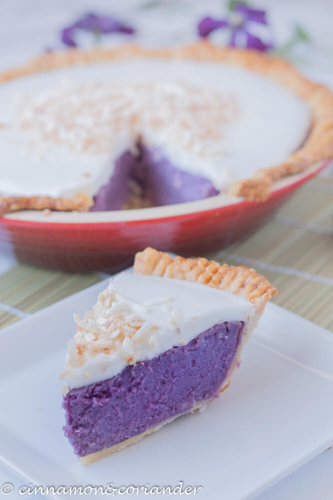 61 Delicious Coconut Dessert Recipes Perfect for Summer featured by top Hawaii blog, Hawaii Travel with Kids: a slice of Hawaiian Purple Sweet Potato Pie with Haupia Coconut Topping