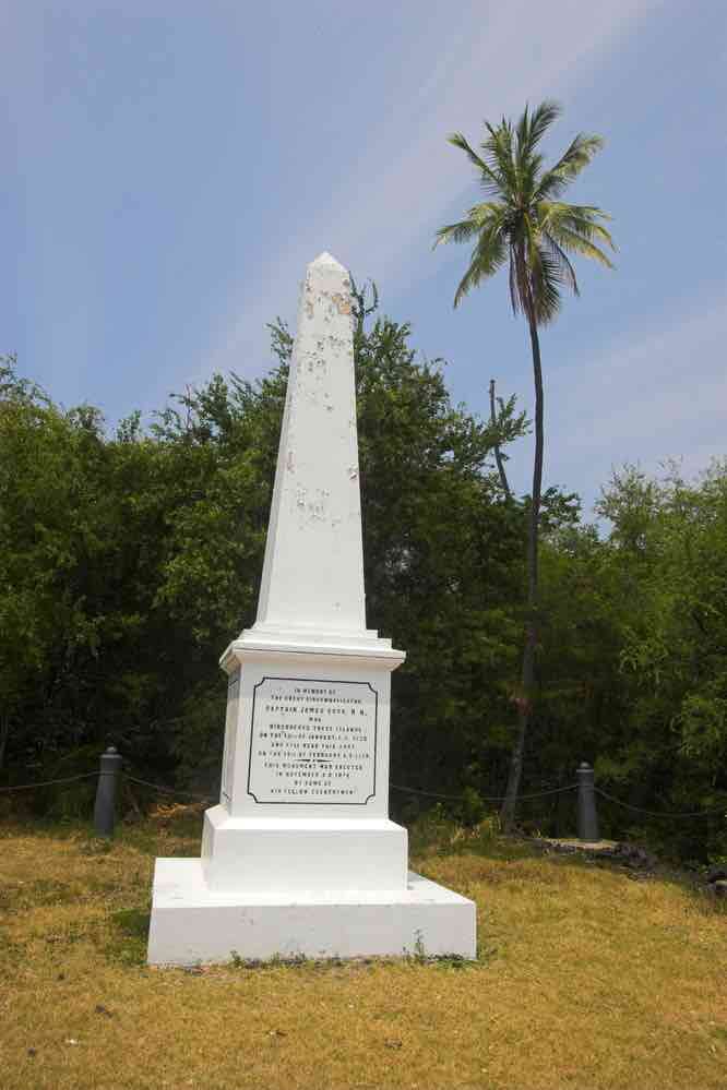 17 Historical Places in Hawaii to Visit with Kids featured by top Hawaii blog, Hawaii Travel with Kids: White obelisk commemorating Captain Cook in Hawaii