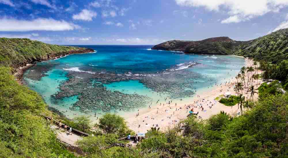 Snorkelling at the coral reef of Hanauma Bay, a former volcanic crater, now a national reserve