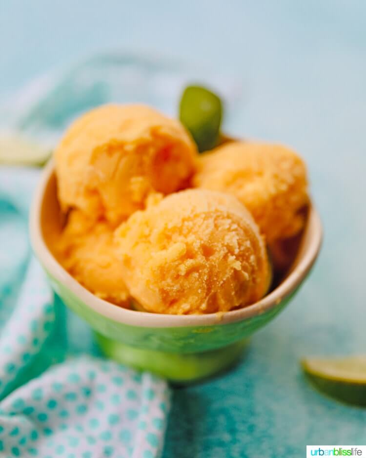 Pineapple Dessert Recipe Roundup by top Hawaii blog Hawaii Travel with Kids: bowl of three scoops of Pineapple Mango Sorbet