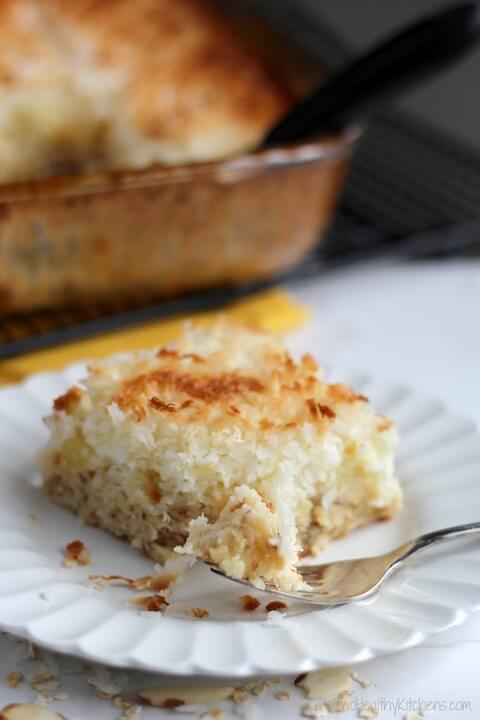 Pineapple Dessert Recipe Roundup by top Hawaii blog Hawaii Travel with Kids: Easy Tropical Angel Food Cake with Pineapple and Toasted Coconut Recipe {www.TwoHealthyKitchens.com}