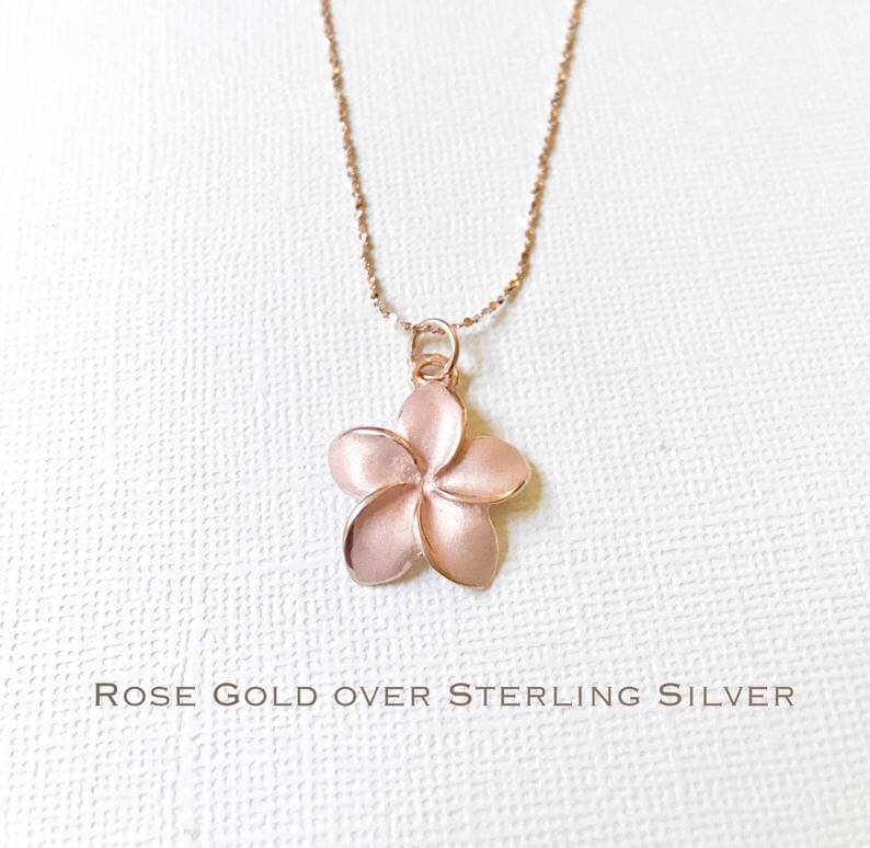 Hawaii Gift Ideas for the Holidays featured by top Hawaii blog, Hawaii Travel with Kids: Sale Rose Gold over Sterling Silver plumeria necklace image 0