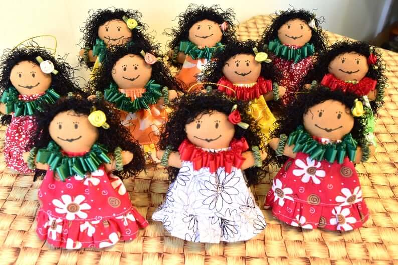 Best Hawaiian Christmas Decorations featured by top Hawaii blogger, Hawaii Travel with Kids: Add some Hawaiian Christmas decorations to your home this holiday season with these top Hawaii Christmas decorations ideas from top Hawaii blog Hawaii Travel with Kids. Image of Hawaiian Keepsake Christmas Doll Ornaments