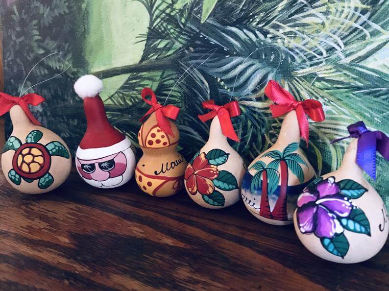 20 Hawaiian Christmas Ornaments featured by top Hawaii blogger, Hawaii Travel with Kids: Set of 3 Hand painted Hawaii Gourd ornaments image 0