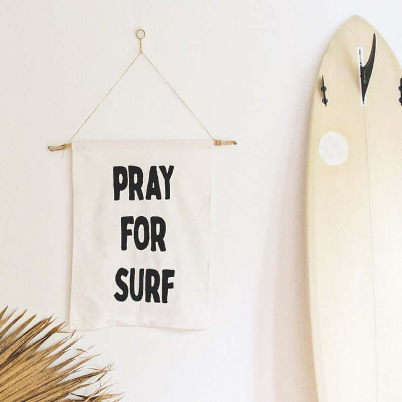 Hawaii Surfing Gifts featured by top Hawaii blog, Hawaii Travel with Kids: Pray For Surf Wall Hanging 100% Embroidered Cotton Canvas image 0
