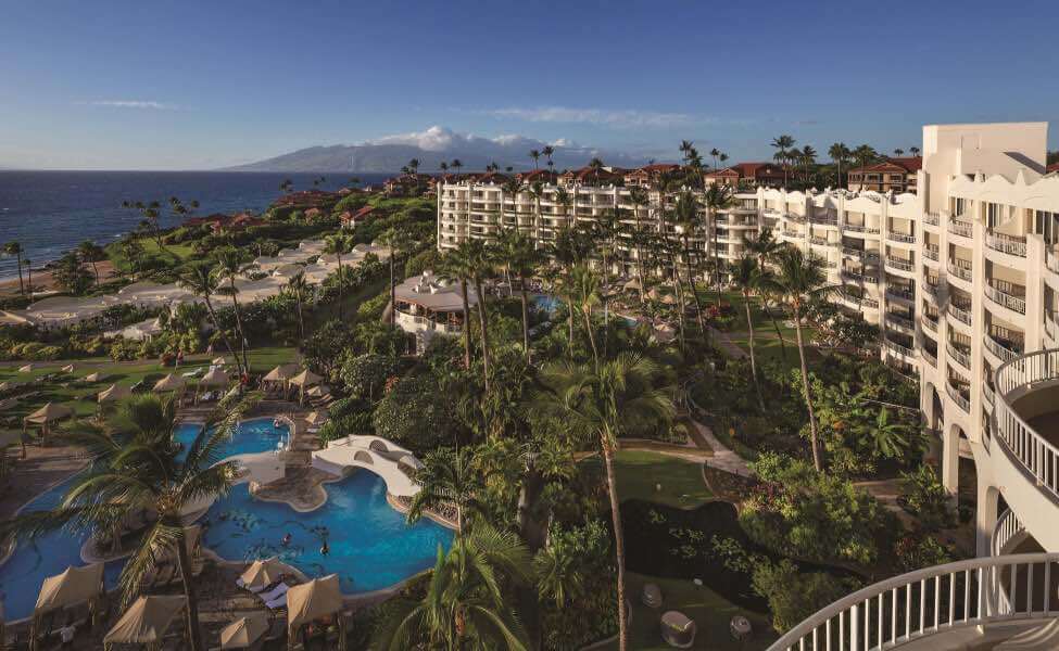 Top 5 Best Maui Luxury Hotels featured by top Hawaii blogger, Hawaii Travel with Kids: The Fairmont Kea Lani is one of the best Maui luxury hotels. Image of an aerial shot of the Maui resort