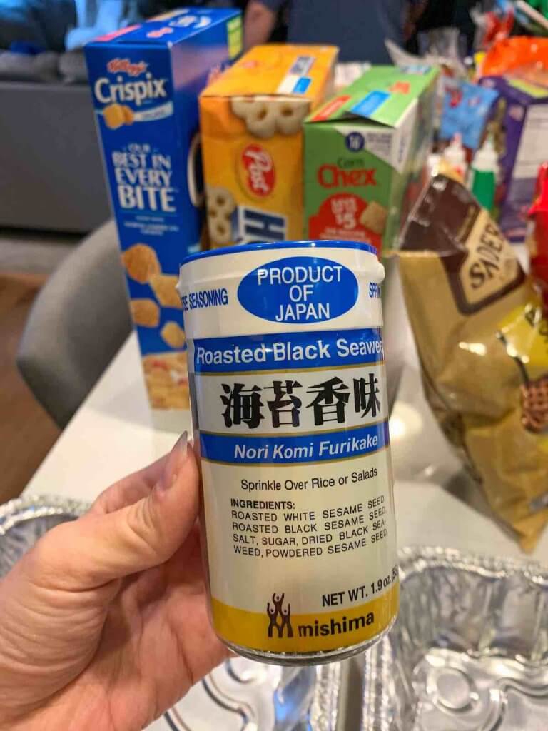 Check the brand of furikake before you make this furikake chex mix recipe from Hawaii. Image of a bottle of furikake.