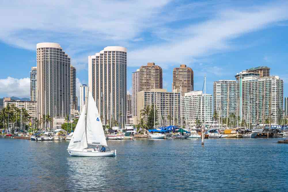 Booking a boat tour is a fun things to do in Hawaii in winter. Image of cityscape of honolulu in oahu island, hawaii, us