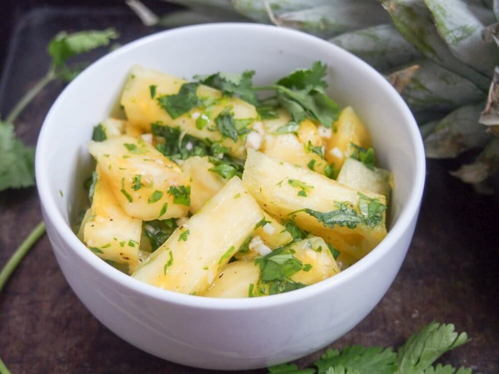 Pineapple chow in white bowl