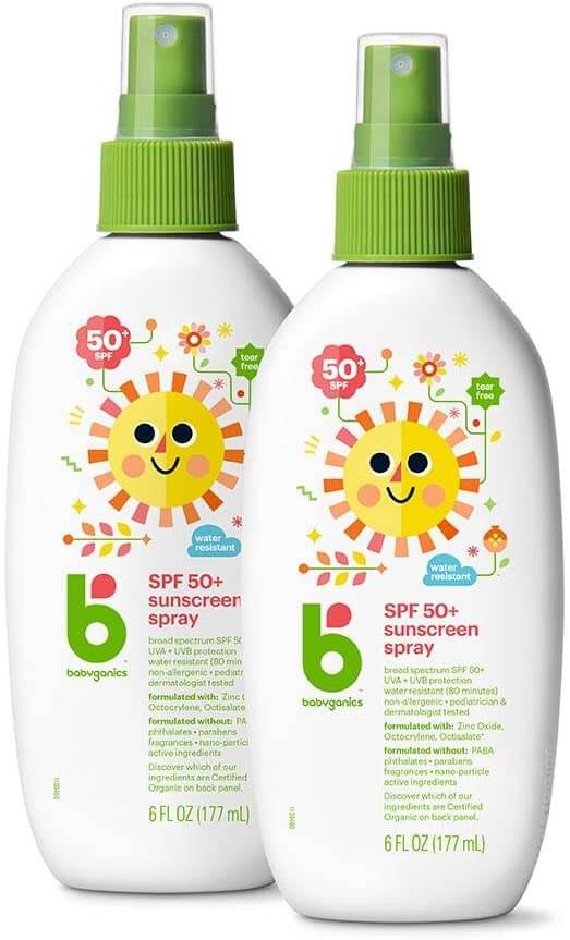 One of the best reef-safe sunscreen for babies is Babyganics. Image of Babyganics sunscreen spray for babies.