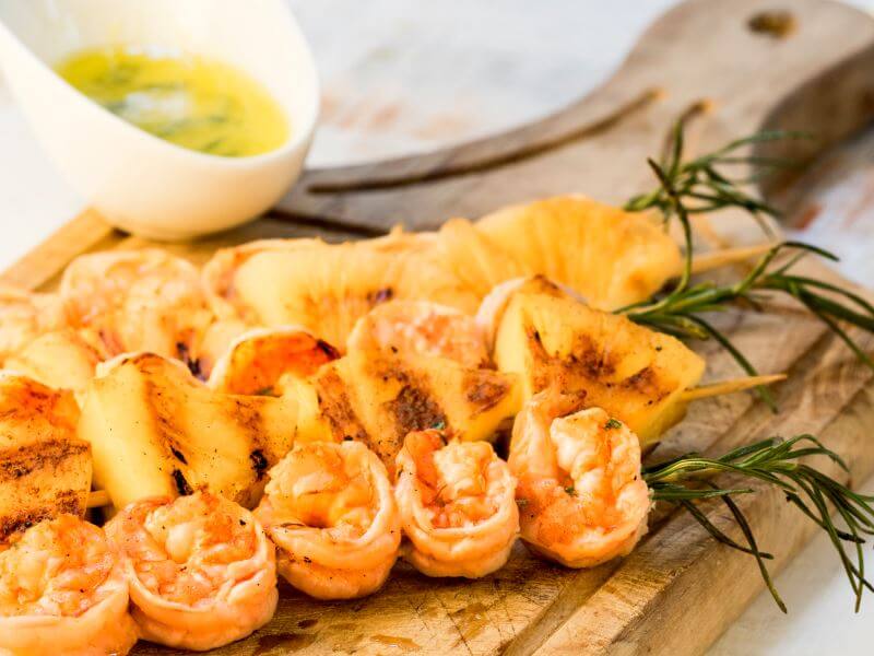 Shrimp on Rosemary Skewers with Rum Soaked Pineapple