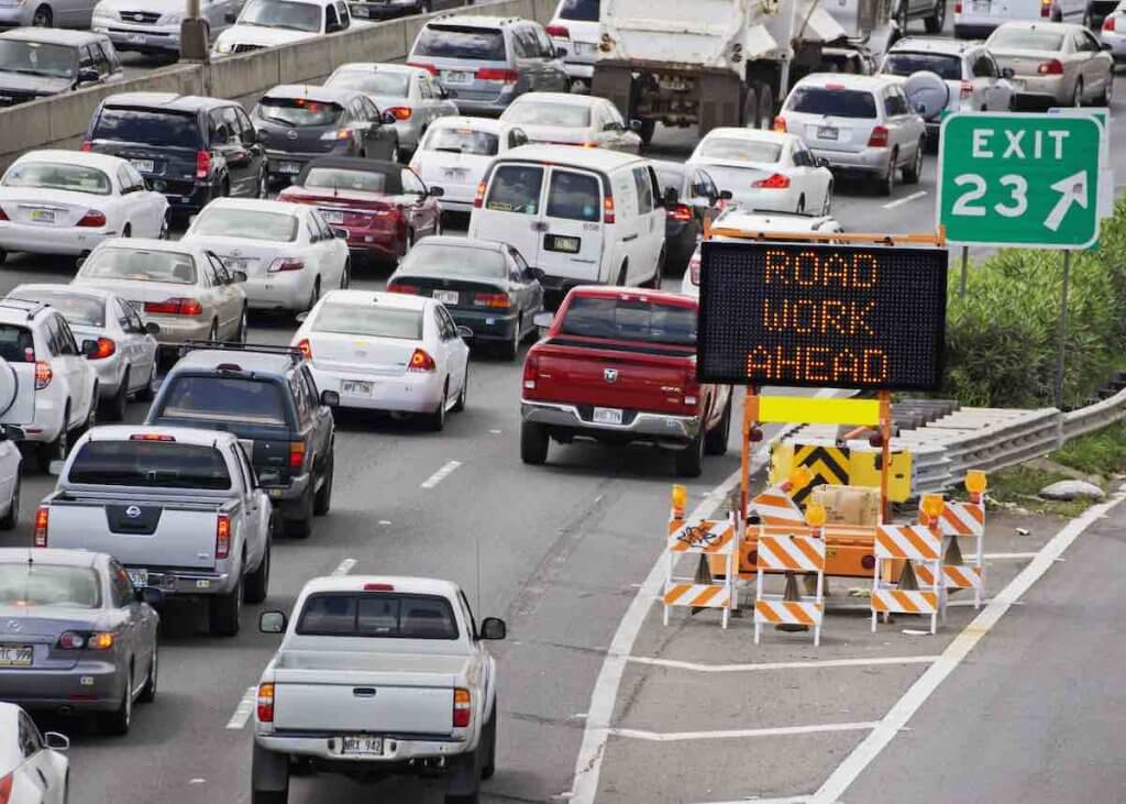 If it's your first time visiting Hawaii, you will be shocked at the traffic. Image of tons of traffic in Hawaii.