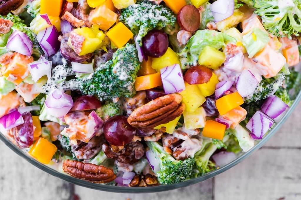 Broccoli salad with pineapple, bacon, and spiced pecans