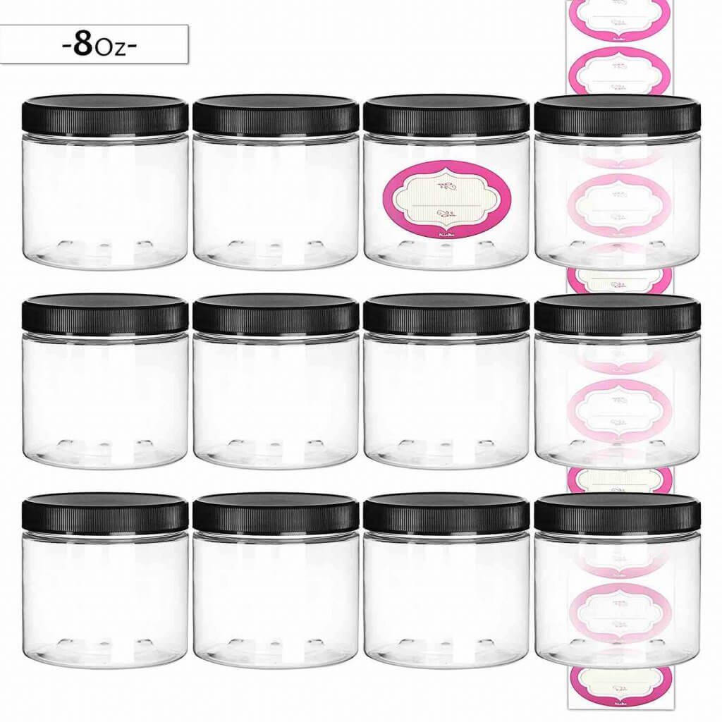 Store your coconut oil salt scrub recipe in an airtight container. Image of plastic spa containers.