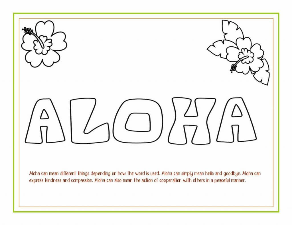 Download these free Hawaiian coloring sheets from top Hawaii blog Hawaii Travel with Kids. Image of a Hawaii coloring page with the word Aloha on it.