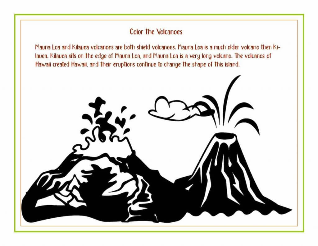 Download these free Hawaiian coloring sheets from top Hawaii blog Hawaii Travel with Kids. Image of a Hawaii coloring page with volcanoes on it.