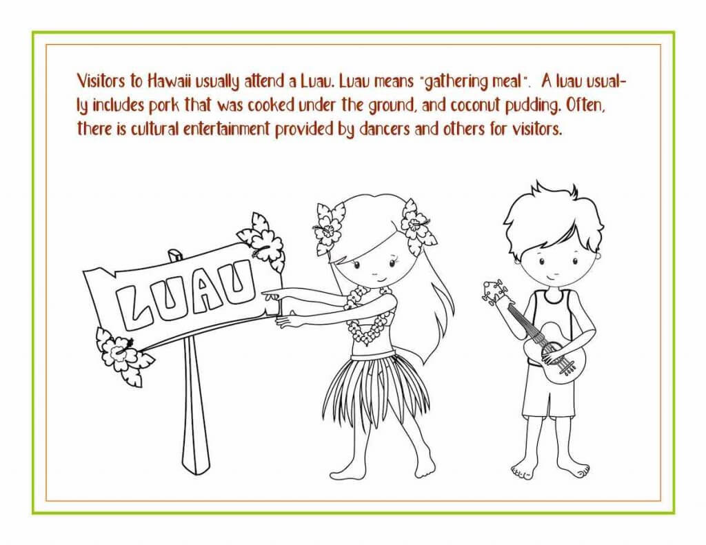 Download these free Hawaiian coloring pages from top Hawaii blog Hawaii Travel with Kids. Image of a Hawaii luau coloring sheet.