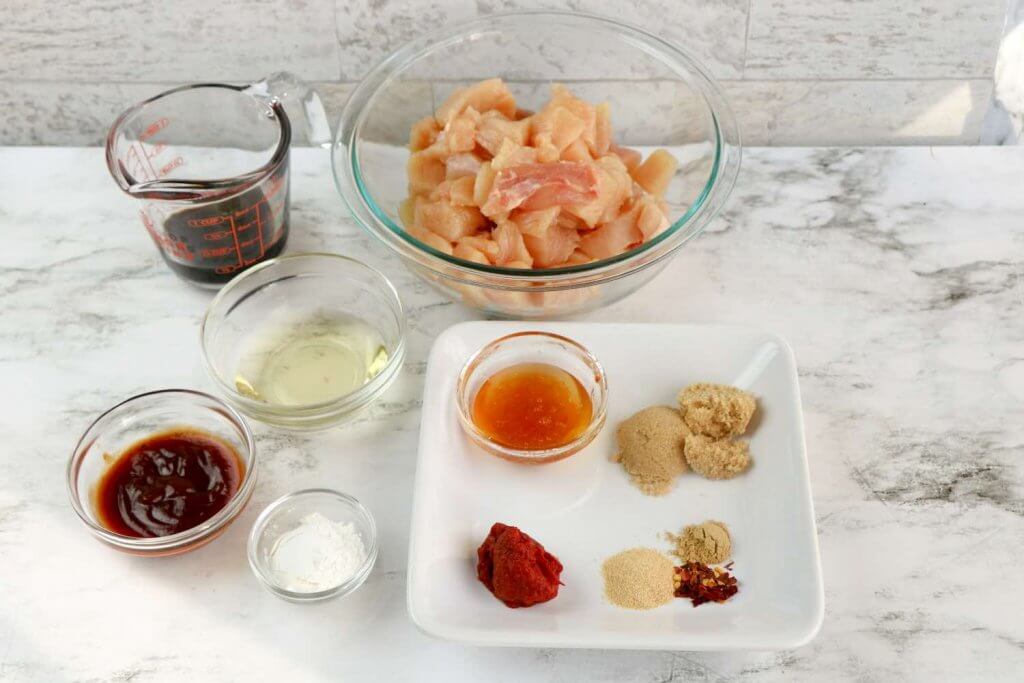 Ingredients for general tso chicken. Image of bowls of ingredients.