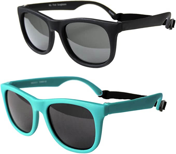 Keep your baby's eyes protected with baby sunglasses. Image of a pair of black sunglasses and a pair of teal sunglasses for babies.