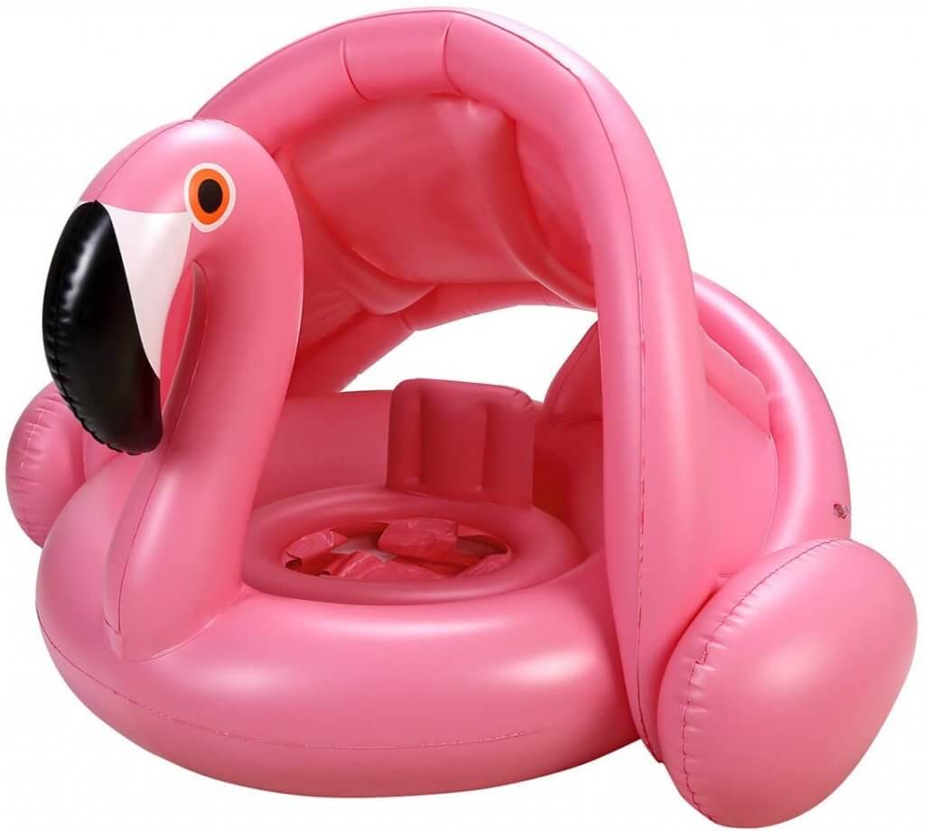 How cute is this bright pink flamingo pool float for babies?