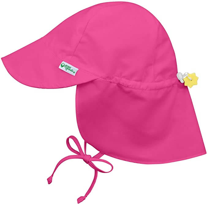 Make sure to include a sun hat in your baby beach stuff for Hawaii. Image of a bright pink sun hat with neck flap.