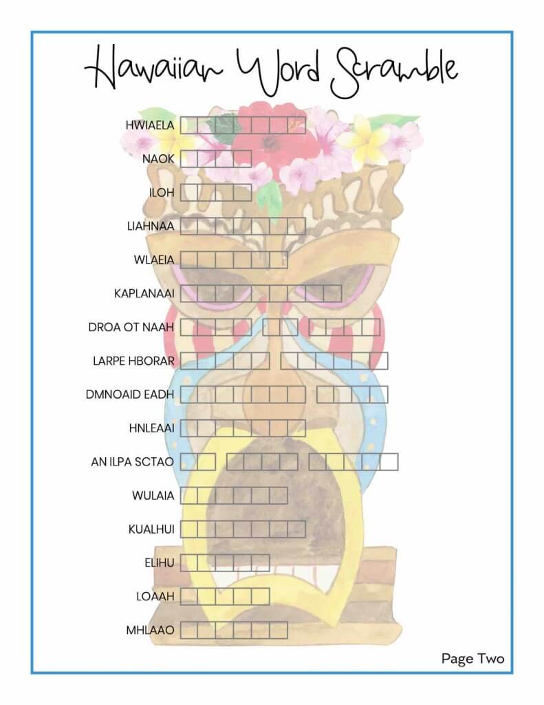 Get this free Hawaiian word scramble printable by top Hawaii blog Hawaii Travel with Kids. Image of a kids word scramble with a tiki in the background.