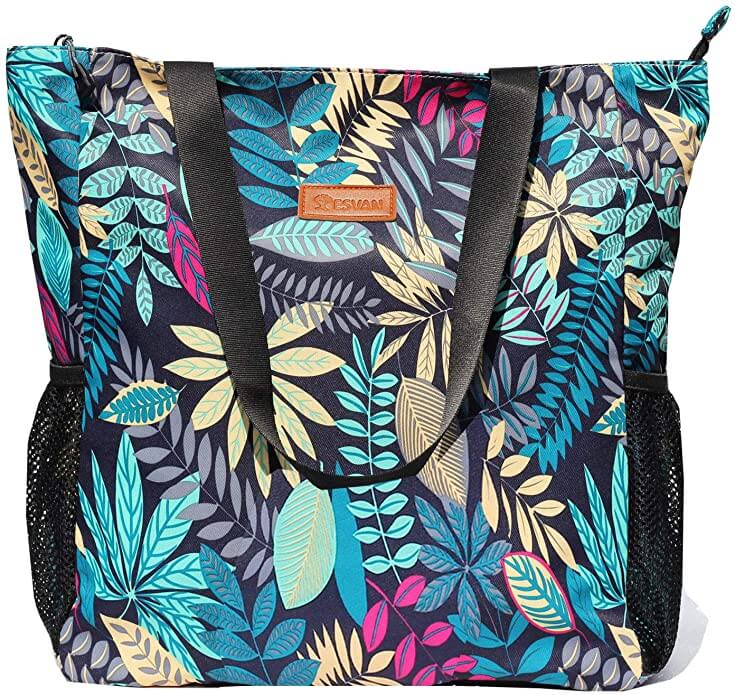 This is one of the best beach bags for Hawaii. Image of a water resistant beach bag with a bright, tropical print on it.