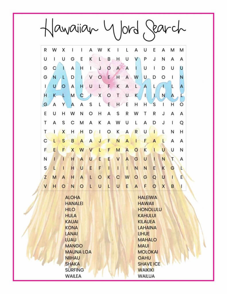 Get my free Hawaii word search printable for kids by top Hawaii blog Hawaii Travel with Kids. Image of a word search with a grass skirt and the word Aloha in the background.