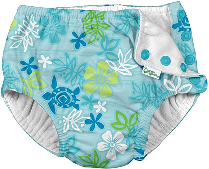 Image of a reusable swim diaper with a Hawaiian print.