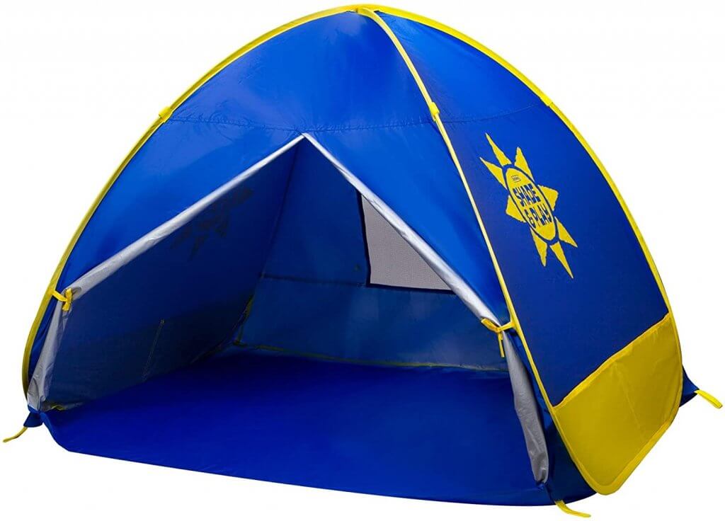 You'll want to pack beach shelters for babies in Hawaii. Image of a blue and yellow pop up beach tent.