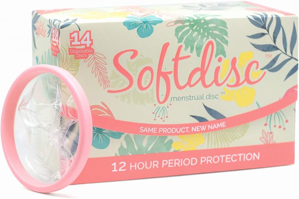 zero waste bathroom essentials for women should include feminine hygiene products like a menstrual cup. Image of a box of Softdisc menstrual discs.