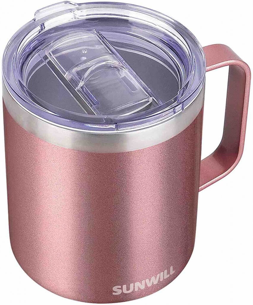 Another one of the best zero waste essentials is a reusable travel coffee mug. Image of a rose pink stainless steel coffee mug.