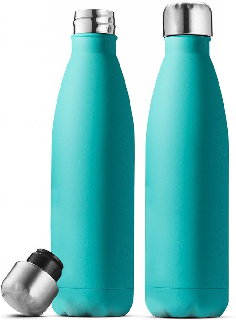 One of the best zero waste essentials for travel are stainless steel water bottles. Image of a teal reusable water bottle.