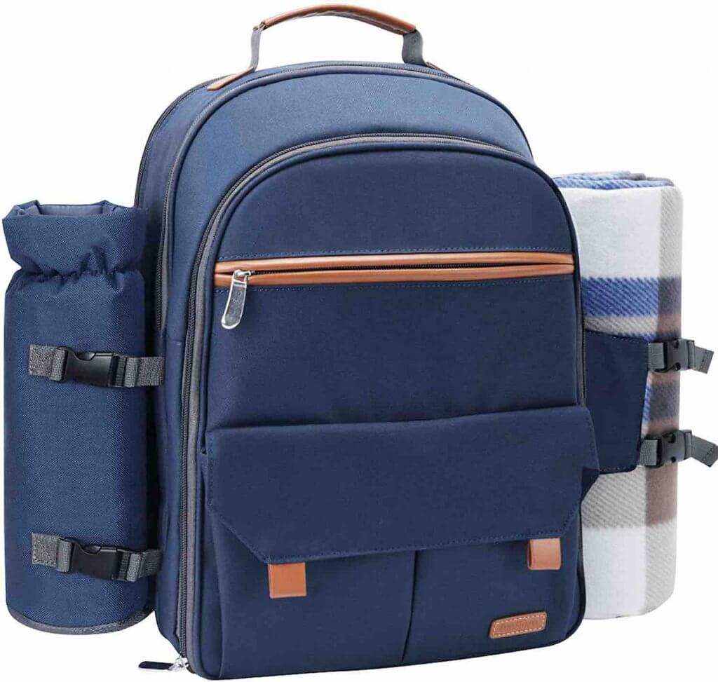 This reusable travel picnic backpack is perfect for Hawaii. Image of a blue backpack.