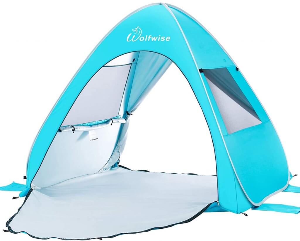 A pop up sun tent is one of the best baby beach accessories to bring to Hawaii. Image of a blue sun tent.