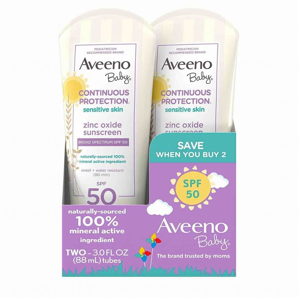 One of the best baby sunscreen brands is Aveeno Baby, plus it's mineral based and reef safe. Image of a two pack of Aveeno Baby sunscreen.