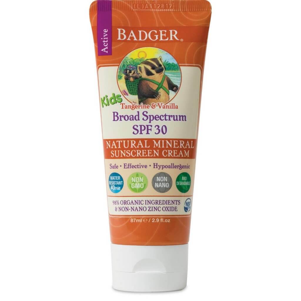 Badger sunscreen is one of the best sunscreen for Hawaii with kids. It's reef safe and mineral based. Image of a tube of Badger Sunscreen.