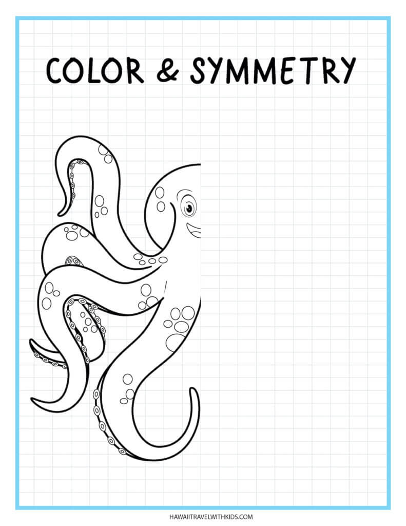 Learn how to draw an octopus with this beach worksheet for kids. Image of half an octopus drawing.