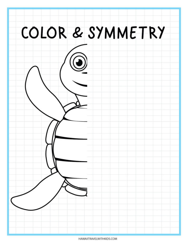 Learn how to draw a sea turtle with this beach worksheet for kids. Image of half a drawn sea turtle.