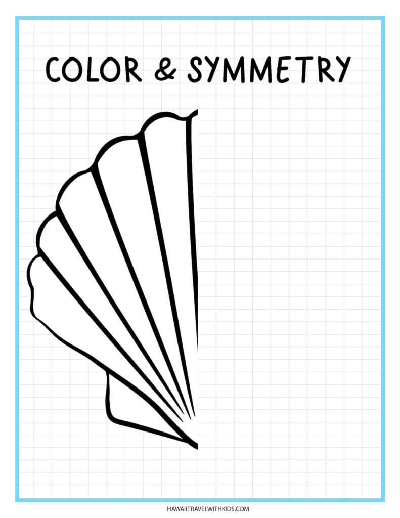 Learn how to draw a shell with this beach worksheet for kids. Image of half a drawn shell.