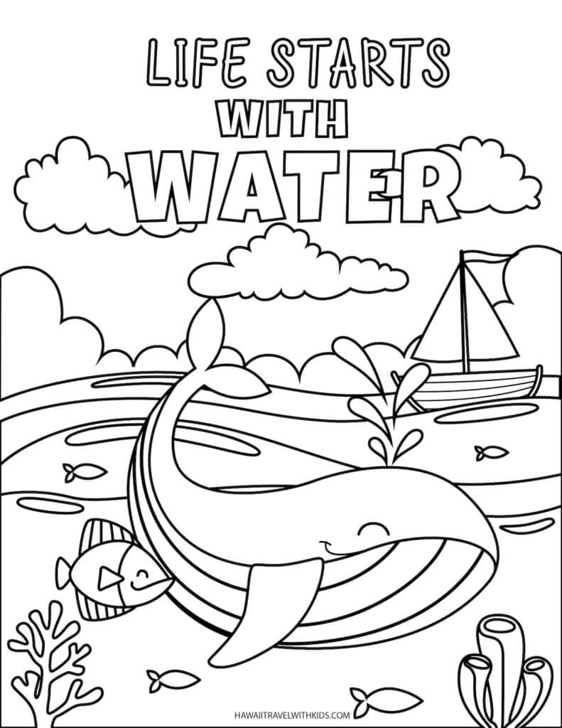 Get these free beach coloring pages by top Hawaii blog Hawaii Travel with Kids. Image of a coloring page with sea animals and text that reads life starts with water.